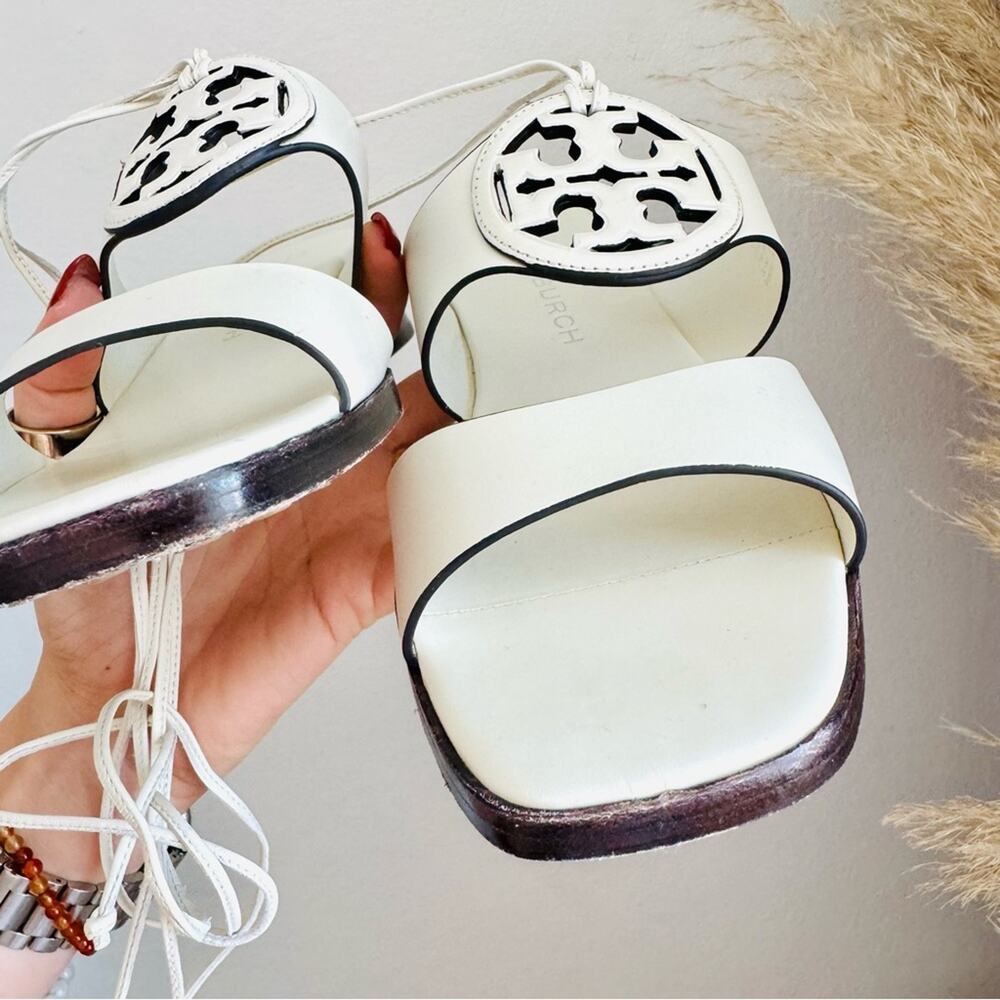 TORY BURCH White Lace Up Miller Leather Block Heel $425 Sandals Shoes Slides 7 - Picture 13 of 16